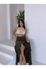 Kadım Haki Belden Bağlamalı Asimetrik Müslin Etek HZL25S-DSB117801