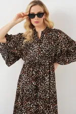 Kadın Desenli Kısa Kol Elbise 2562 - C. Kahverengi