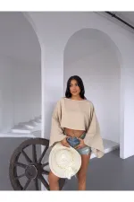 Kadın Bej Panço Model Müslin Bluz HZL25S-DSB16161