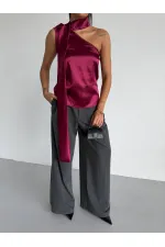 Women's Burgundy Satin Shawl Collar Asymmetrical Blouse with Tie Neckline HZL26W-FRY123731