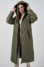 Kadın Haki Kapüşonlu Kapitone Uzun Şişme Mont HZL24W-BD151771