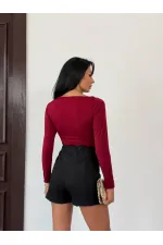 Kadın Bordo Göğüs Dekolteli Metal Detaylı Uzun Kollu Bluz HZL25W-FRY123501