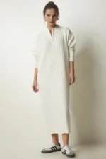 Robe midi en maille côtelée à col zippé, coupe ample, couleur blanc cassé, pour femme HZL24W-BD1101831