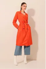 Women's Orange Double-Breasted Belted Unlined Seasonal Comfortable Trench Coat Hzl22s-bd158531
