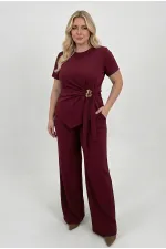 Women's Burgundy Plus Size Modal Fabric Top and Bottom Set with Gold Buckle Detail HZL26S-ZSS111291 Women's Burgundy Plus Size Modal Fabric Top and Bottom Set with Gold Buckle Detail HZL26S-ZSS111291