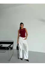 Kadın Bordo Kolsuz Likralı Tül Detay Sandy Bluz HZL26W-FRY123721