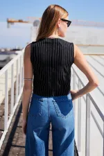 Kadın Siyah Çizgili Düğmeli Astarsız Dokuma Yelek HZL24S-BD167941