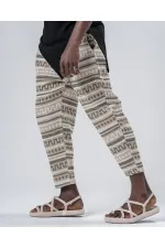 Men's Biscuit Khaki Patterned Tied Waist Straight Cut Trousers Sweatpants HZL24S-MXC8948-202