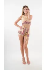 Kadın Sarı Etnik Desenli Beli Kuşaklı Bluz Şort İkili Takım HZL24S-YY261