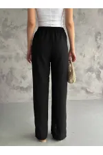 Kadın Siyah Lastikli Bel Yırtmaç Detaylı Cepsiz İthal Keten Astarsız Pantolon HZL24S-FRY121941