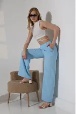 Kadın Mavi Beli Lastikli Müslin Kumaş Bol Paça Pantolon HZL25S-DSB12221