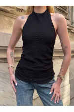 Kadın Siyah Boyundan Bağlamalı Gofre Kumaş Bluz HZL25S-ZK13631