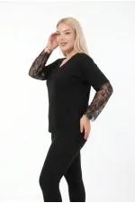 Women's Black Plus Size V-Neck Lace Sleeve Blouse HZL26S-ZSS19661