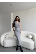 Kadın Gri Triko Crop Uzun Yırtmaçlı Etek Takım HZL25W-ZK1991