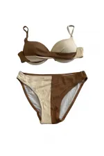 Women's Brown Cream Color Block Lined Bikini Set HZL25S-LC214