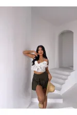 Kadın Haki Bağlama Detay Müslin Şort HZL25S-DSB2323