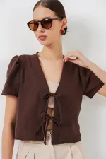 Kadın Kısa Kol Crop Bluz 958 - Kahverengi