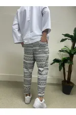 Erkek Ekru Etnik Desenli Beli İp Bağlamalı Düz Kesim Cepli Pantolon Eşofman Altı HZL24S-MXC8948-245