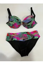 Women's Black Multicolor Patterned Lined Plus Size Bikini Set HZL25S-LC06
