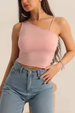 Kadın Pembe Askılı Tek Omuz Likralı Crop Bluz HZL23S-SND120171