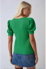 Kadın Yeşil Kare Yaka Örme Bluz HZL22W-BD104091