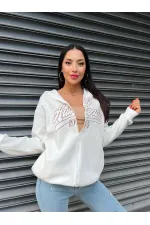 Kadın Beyaz Baskılı Kapüşonlu Fermuarlı Oversize Sweatshirt HZL24W-ZK12741