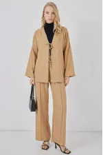 Kadın Bej Keten Bağlama Detaylı Kimono Pantolon İkili Takım HZL26S-BD167271