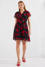 Robe courte en mousseline à motifs, manches courtes, noire (réf. 2502)