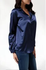 Kadın Lacivert Hafif Dökümlü Saten Yüzeyli Gömlek HZL22W-BD139641