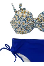 Kadın Mavi Beyaz Desenli Taş İşlemeli  Astarlı Bikini Takım HZL25S-LC3309