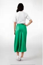 Women's Green Satin Surface Elastic Waist Midi Length Skirt Hzl23S-BD1101471