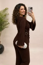 Women's Brown Plus Size Pleated Evening Dress Set with Buckle Detail HZL26W-PR10101