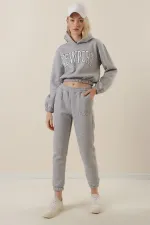 Women's Gray Hooded Printed Polar Fleece Top Crop Top with Underwire Tracksuit Set HZL23W-BD1553971