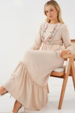 Kadın Nakışlı Uzun Tesettür Elbise 2550 - Krem