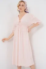 Robe 2570 pour femme, col en V et taille froncée - Rose poudré