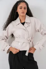 Women's Belted Faux Leather Jacket 1046 - Ecru