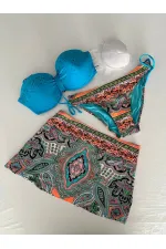 Kadın Mavi Taş İşlemeli Desenli 3 Parça Bikini Takım HZL25S-LC3326