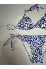 Women's Tile Pattern Blue White Patterned Neckline Triangle Bikini Set HZL25S-LC5005
