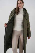 Kadın Haki Kapüşonlu Kapitone Uzun Şişme Mont HZL24W-BD151771