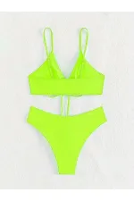 Kadın Neon Yeşil İp Detaylı Astarlı V Kesim Üçgen Bikini Takım HZL24S-LC2234