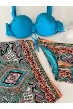 Kadın Mavi Taş İşlemeli Desenli 3 Parça Bikini Takım HZL25S-LC3326