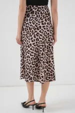 Kadın Vizon Leopar Desenli Saten Yüzeyli Beli Lastikli Midi Boy Etek Hzl23S-BD1101471