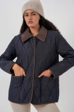 Manteau matelassé en velours bleu marine pour femme, avec fermeture à pression HZL25W-BD152261