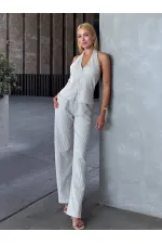 Kadın Bej Çizgili Önü Fermuarlı Bluz Pantolon İkili Takım HZL25S-ZK13691