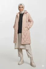 Women's Cream Long Quilted Lined Puffer Hijab Coat HZL25W-BD151381