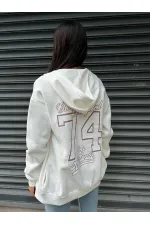 Kadın Beyaz Baskılı Kapüşonlu Fermuarlı Oversize Sweatshirt HZL24W-ZK12741