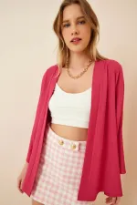 Veste texturée rose à col rabattu et ouverture sur le devant pour femme HZL22S-BD158621