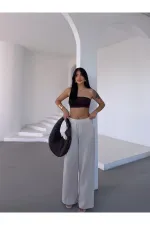 Kadın Bej Beli Lastikli Müslin Kumaş Bol Paça Pantolon HZL25S-DSB12221