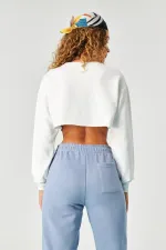 Sweat-shirt court basique blanc à col ras du cou et manches longues pour femme HZL24W-ZK11351