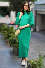 Robe longue en maille côtelée verte à col zippé pour femme HZL24W-BD1102271